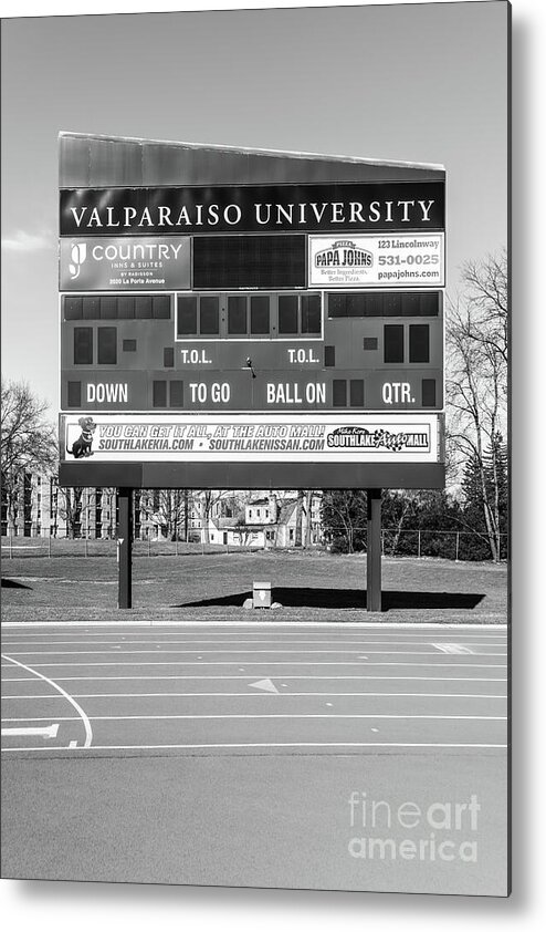  Metal Print featuring the photograph Brown Field Scoreboard Valparaiso University Black and White Pho by Paul Velgos