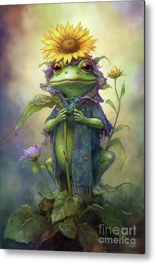  Frogs Metal Print featuring the painting Bullfrog Sunflower Goddess by Tina LeCour