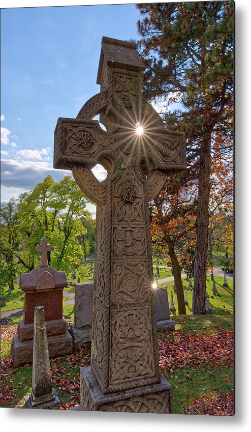 Celtic Metal Print featuring the photograph Celtic Cross Tombstone on hill of Calvary Chapel in Milwaukee WI by Peter Herman