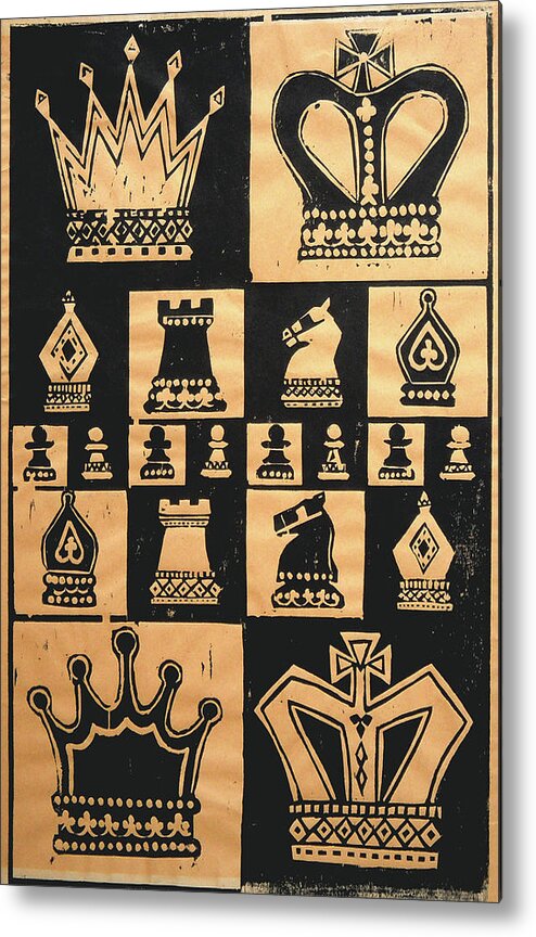 Woodcut Metal Print featuring the painting Chess Woodcut by Mary Helmreich