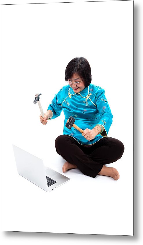 Computer Metal Print featuring the photograph Chinese Woman ready to destroy laptop by Lambros Kazan