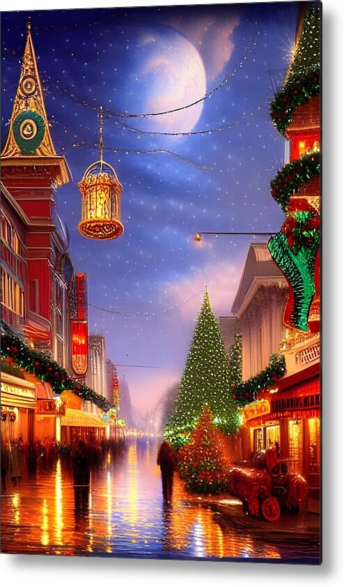 Digital Christmas City Shoppers Moon Metal Print featuring the digital art Christmas Under the Moon by Beverly Read