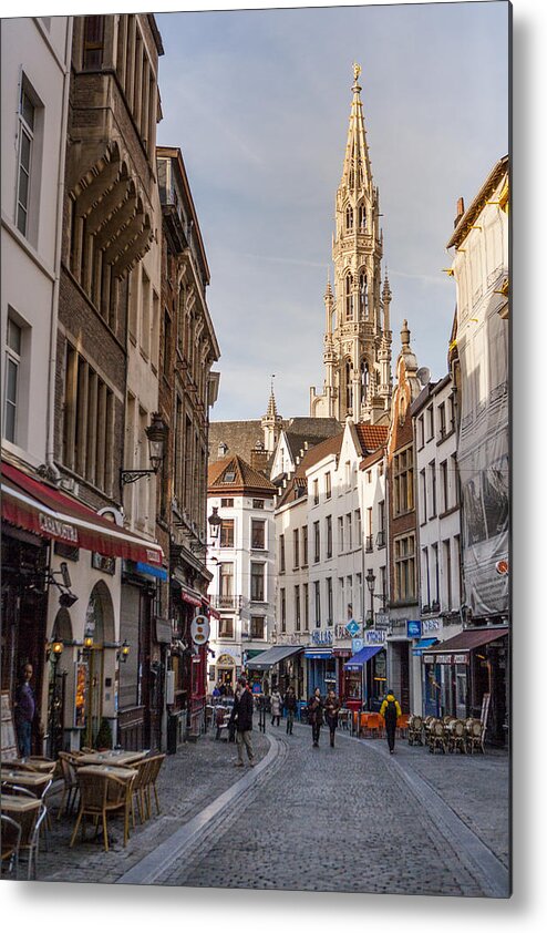 Belgium Metal Print featuring the photograph City Hall spire at tourist street by Merten Snijders