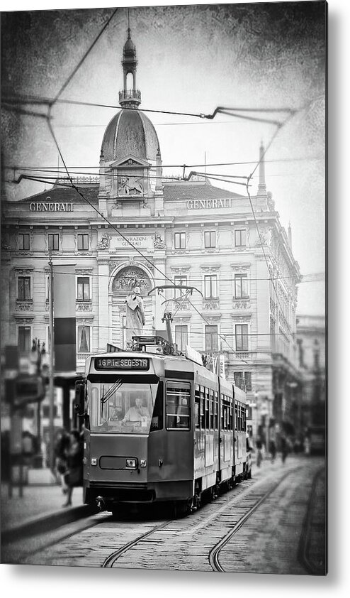 Milan Metal Print featuring the photograph City Trams of Milan Italy Black and White by Carol Japp