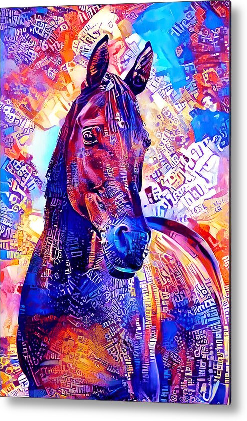 Arabian Horse Metal Print featuring the digital art Colorful Arabian horse portrait in blue and violet by Nicko Prints