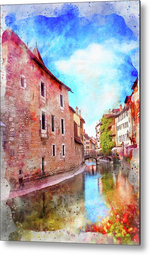 Annecy Metal Print featuring the photograph Colorful Canal Scenes of Old Annecy France Watercolor by Carol Japp