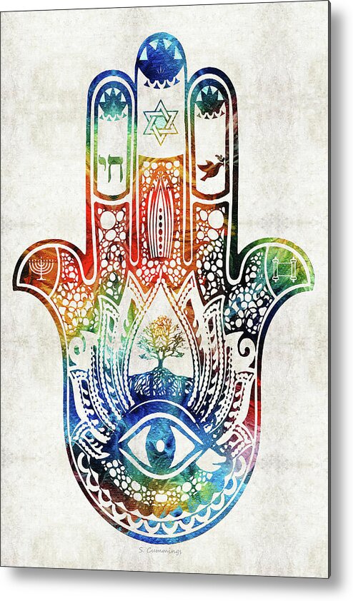 Hamsa Metal Print featuring the painting Colorful Hamsa Hand - Jewish Art - Sharon Cummings by Sharon Cummings