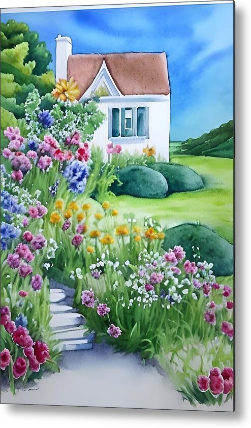 Garden Metal Print featuring the mixed media Cottage Flowers by Bonnie Bruno