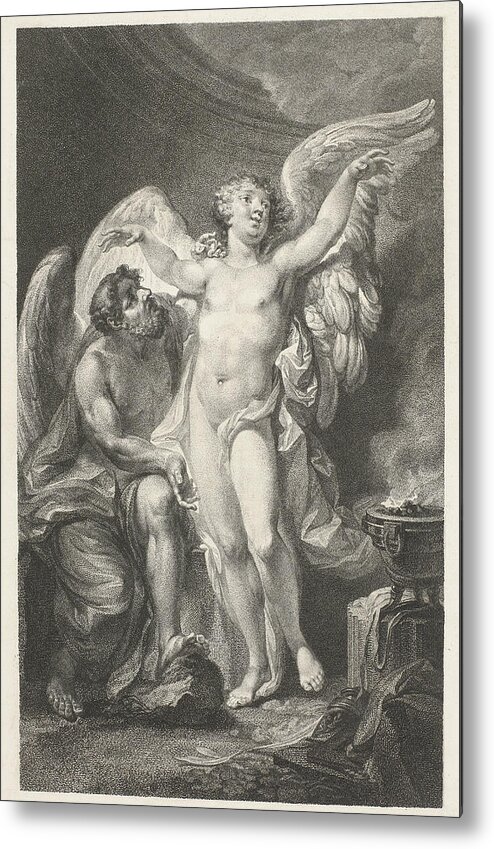 Christian Friedrich Stolzel Metal Print featuring the drawing Daedalus teaches Icarus how to fly by Christian Friedrich Stolzel