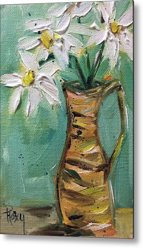 Daisies Metal Print featuring the painting Daisies in a Wicker Pitcher by Roxy Rich