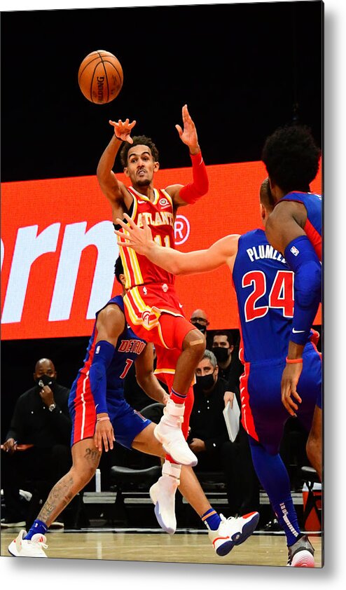 Trae Young Metal Print featuring the photograph Detroit Pistons v Atlanta Hawks by Scott Cunningham