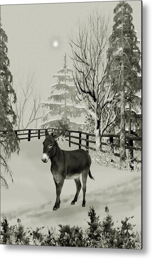 Donkey Metal Print featuring the mixed media Donkey In The Winter Corral B W by David Dehner