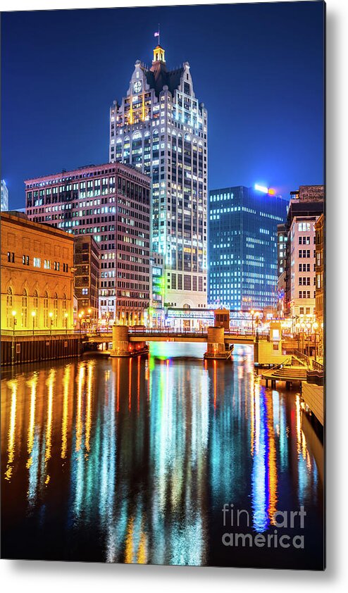 2017 Metal Print featuring the photograph Downtown Milwaukee River Cityscape at Night Photo by Paul Velgos