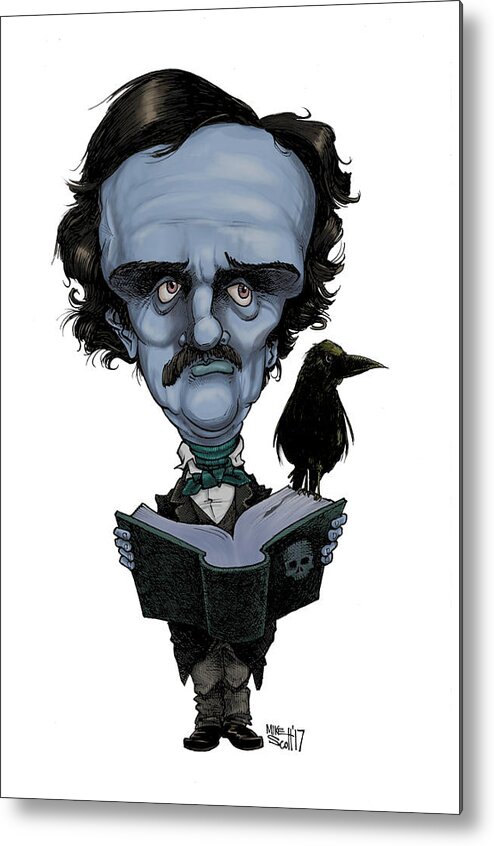 Caricature Metal Print featuring the drawing Edgar Allan Poe, blue by Mike Scott