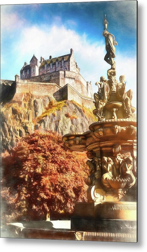 Edinburgh Castle Metal Print featuring the photograph Edinburgh Castle and Ross Fountain Edinburgh Scotland Painterly by Carol Japp