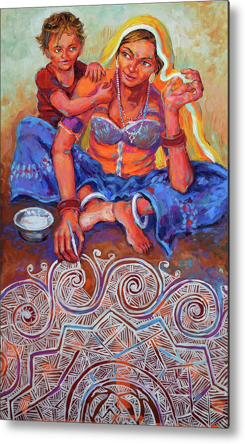 Mother And Child Metal Print featuring the painting Festive Bliss, Rangoli by Jyotika Shroff