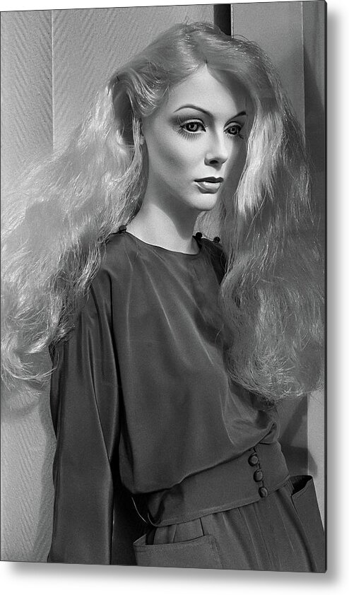 Mannequin Metal Print featuring the photograph Fine mannequin with an intense gaze. London Knightsbridge 1980 by Roberto Bigano