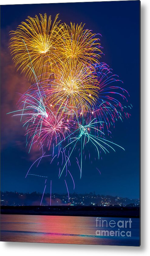 Night Metal Print featuring the photograph Fireworks show from Seaworld as seen from Ski Beach in Mission Bay by Sam Antonio