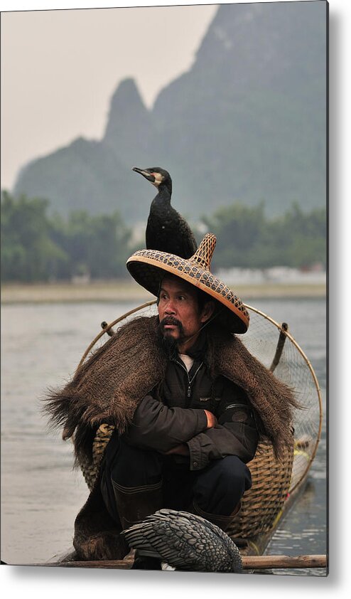 One Man Only Metal Print featuring the photograph Fisherman and Cormorant on Li River by Huang Xin