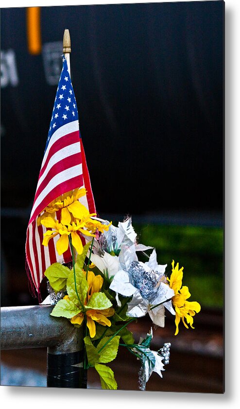 American Flag Metal Print featuring the photograph Flag, Flowers, and Freight Train by Steve Ember