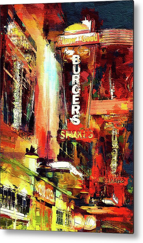 Night Metal Print featuring the mixed media Fremont Street neon signs, Las Vegas by Tatiana Travelways