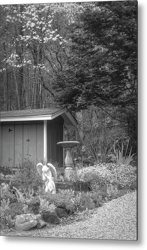 Barns Metal Print featuring the photograph Garden Angel in Black and White by Debra and Dave Vanderlaan