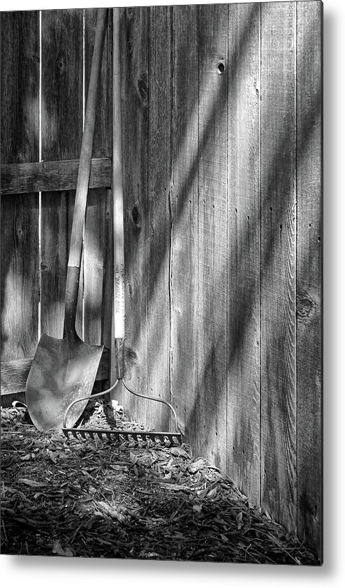Shadows Metal Print featuring the photograph Garden Corner - Shovel, Rake, and Shadows by Nikolyn McDonald
