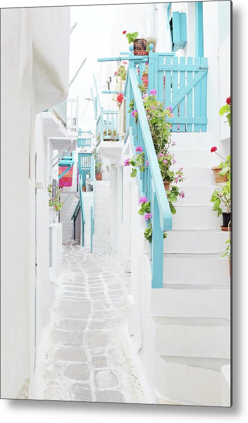 Greece Metal Print featuring the photograph Geraniums and Blue by Lupen Grainne