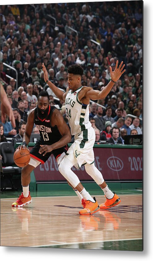 Nba Pro Basketball Metal Print featuring the photograph Giannis Antetokounmpo and James Harden by Gary Dineen
