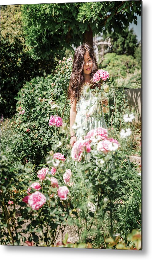 8 Years Old Metal Print featuring the photograph Girl with roses by Benoit Bruchez