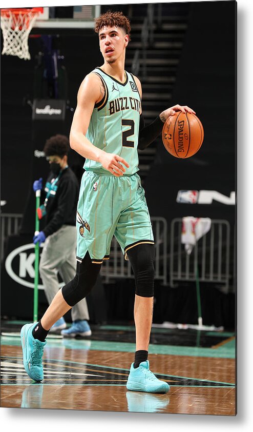 Lamelo Ball Metal Print featuring the photograph Golden State Warriors v Charlotte Hornets by Kent Smith