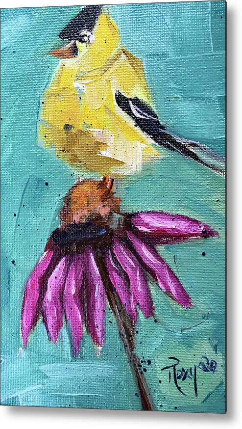 Goldfinch Metal Print featuring the painting Goldfinch on a Coneflower by Roxy Rich