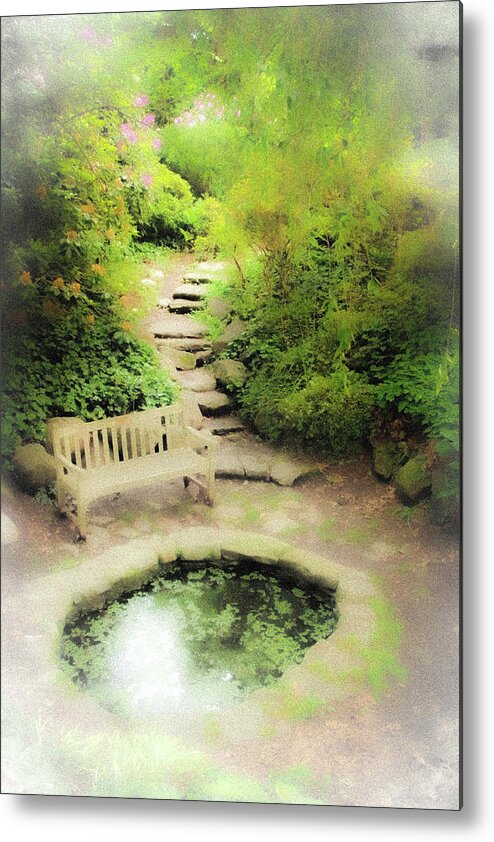 Pond Water Bench Stone Steps Fog Metal Print featuring the photograph Hazy Pond by John Linnemeyer