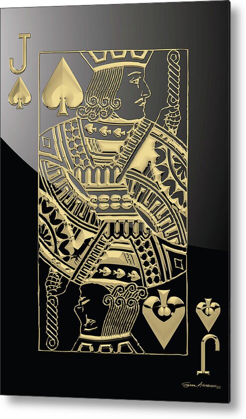 'gamble' Collection By Serge Averbukh Metal Print featuring the digital art Jack of Spades in Gold over Black by Serge Averbukh