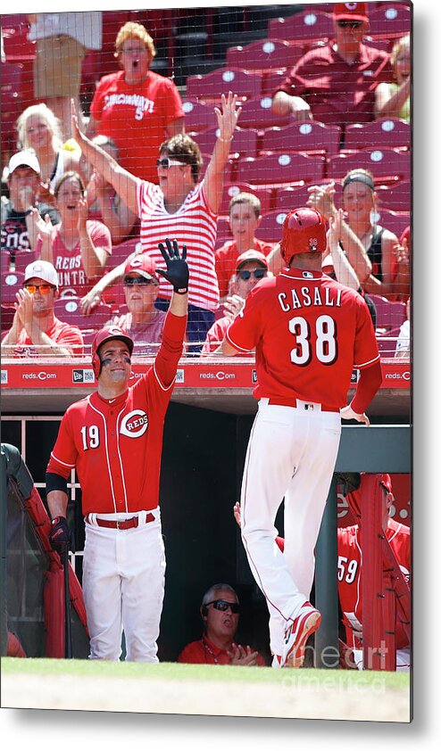 Great American Ball Park Metal Print featuring the photograph Joey Votto and Wade Davis by Joe Robbins