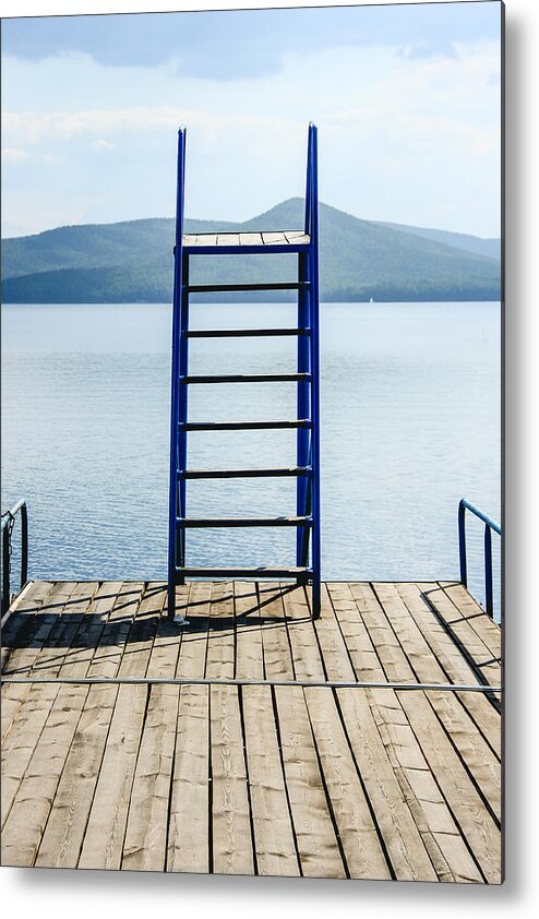 Tranquility Metal Print featuring the photograph Jump tower on the bridge boat on lake in summer by Andrei Troitskiy