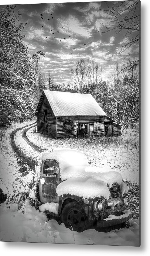 Barns Metal Print featuring the photograph Just Before Christmas Snowfall in Black and White  by Debra and Dave Vanderlaan