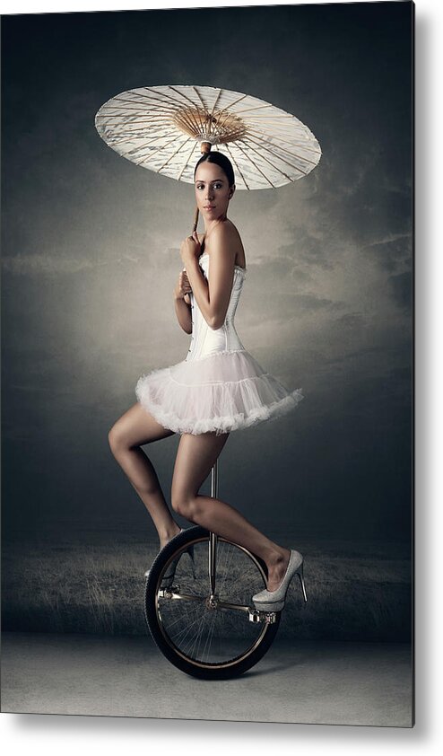 Woman Metal Print featuring the photograph Lady on a unicycle by Johan Swanepoel