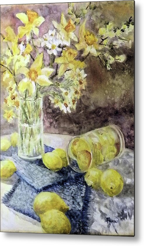 Parsons Metal Print featuring the mixed media Lemons and Jonquils by Sheila Parsons