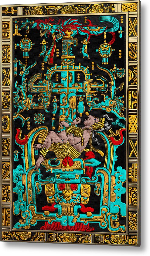 ‘treasures Of Pre-columbian America’ Collection By Serge Averbukh Metal Print featuring the digital art Lid of The Great Tomb of Pakal - Palenque Astronaut over Black No.2 by Serge Averbukh