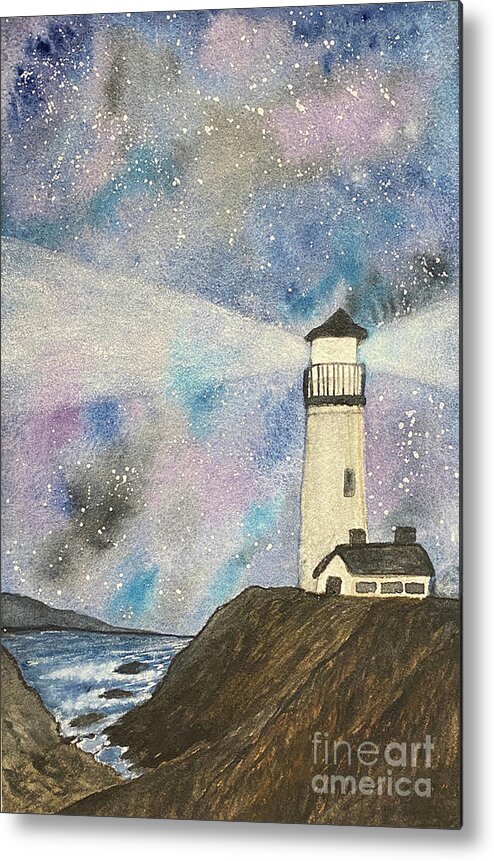 Lighthouse Metal Print featuring the painting Lighthouse at Night by Lisa Neuman