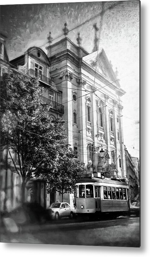 Lisbon Metal Print featuring the photograph Lisbon City Tram 28 Black and White by Carol Japp