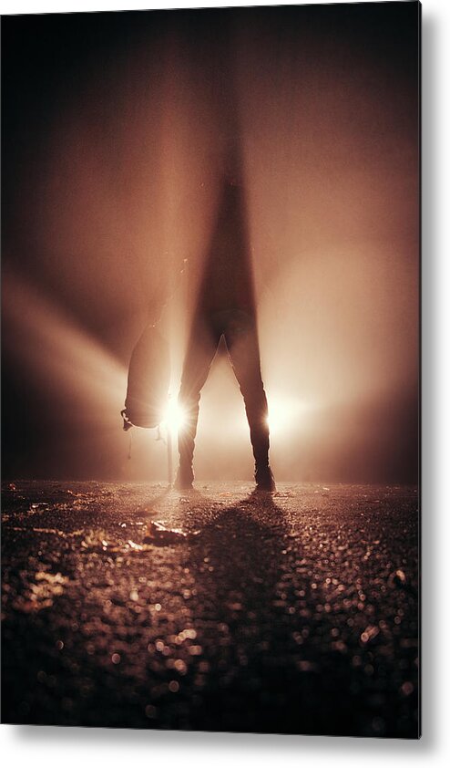 Figure Metal Print featuring the photograph Man stands in car lights by Vaclav Sonnek