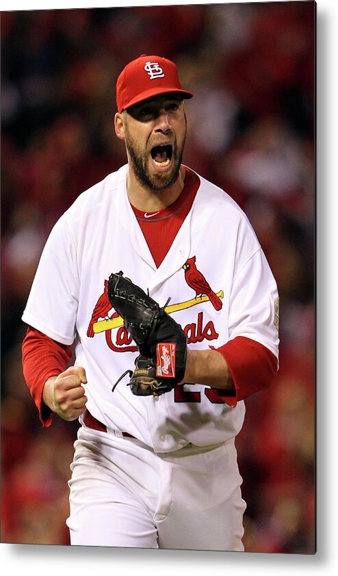 St. Louis Cardinals Metal Print featuring the photograph Michael Young and Chris Carpenter by Jamie Squire