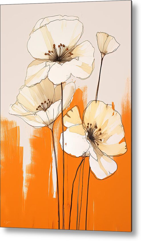 Orange And Yellow Art Metal Print featuring the painting Minimalist Cream Flowers by Lourry Legarde
