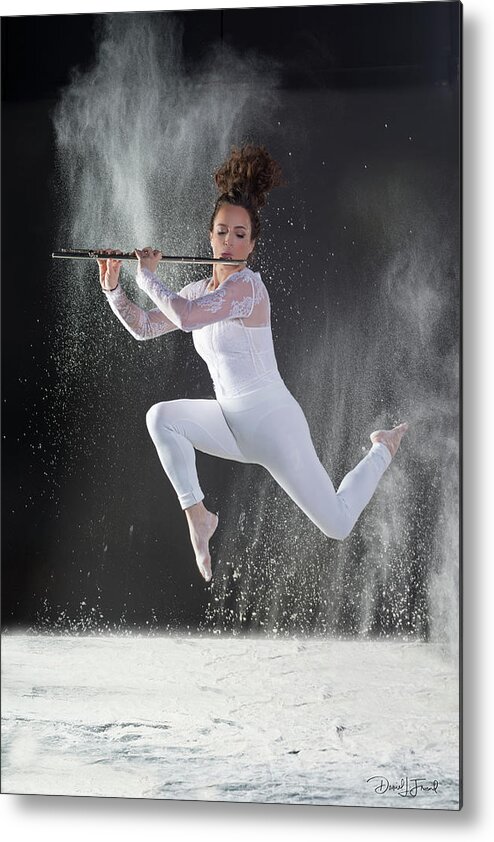 Nina Assimakopoulos Metal Print featuring the photograph Model playing flute surrounded by white flour by Dan Friend