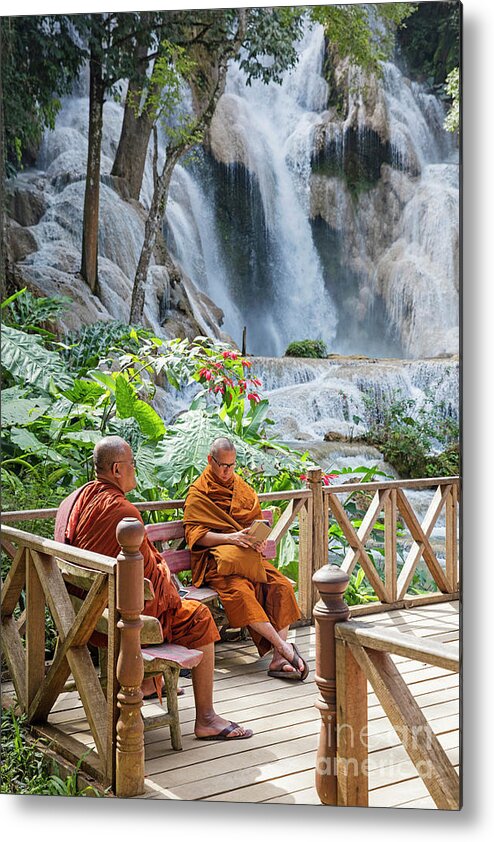 Kuang Si Metal Print featuring the photograph Monks at the Kuang Si Falls, Laos by Arterra Picture Library