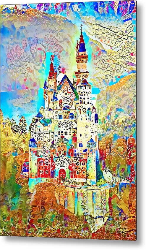 Wingsdomain Metal Print featuring the photograph Neuschwanstein Castle in The Sky in Contemporary Whimsical Motif 20210205 v2 by Wingsdomain Art and Photography