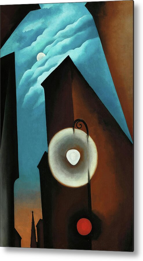 Georgia O'keeffe Metal Print featuring the painting New York street with moon - abstract modernist cityscape painting by Georgia O'Keeffe