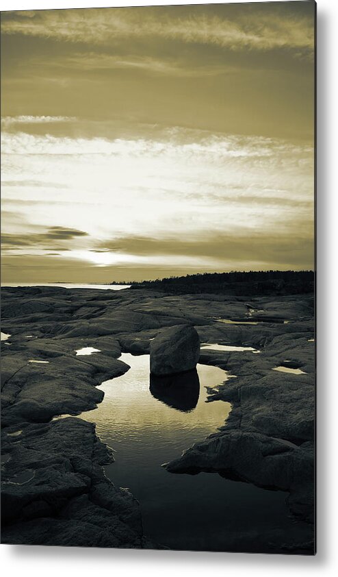 Abstract Metal Print featuring the photograph Nightfall at the rocky shore of the Baltic Sea - duotone by Ulrich Kunst And Bettina Scheidulin